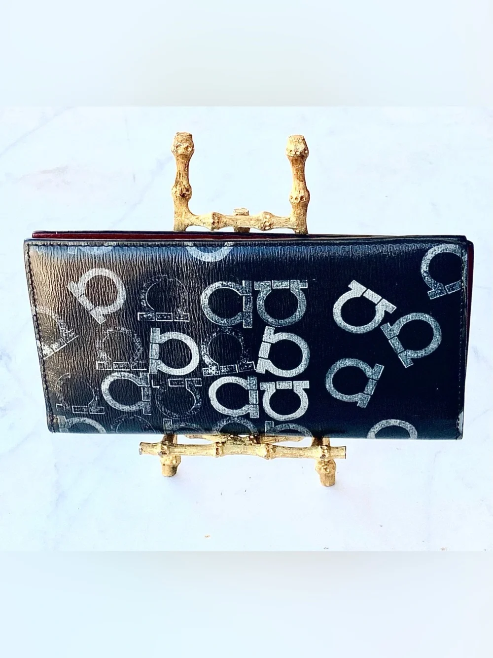 SALVATORE FERRAGAMO Black SILVER GANCINI Logo Print LONG Wallet MENS RED